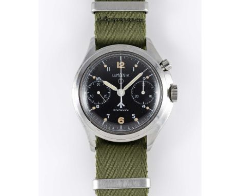 A GENTLEMAN'S STAINLESS STEEL BRITISH MILITARY LEMANIA SINGLE BUTTON RAF PILOTS CHRONOGRAPH WRIST WATCHDATED 1965 Movement: 1