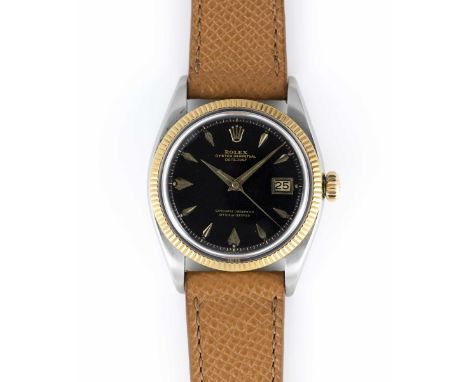 A RARE GENTLEMAN'S STEEL & GOLD ROLEX OYSTER PERPETUAL DATEJUST WRIST WATCHCIRCA 1957, REF. 6605 WITH GLOSS BLACK GILT DIALMo