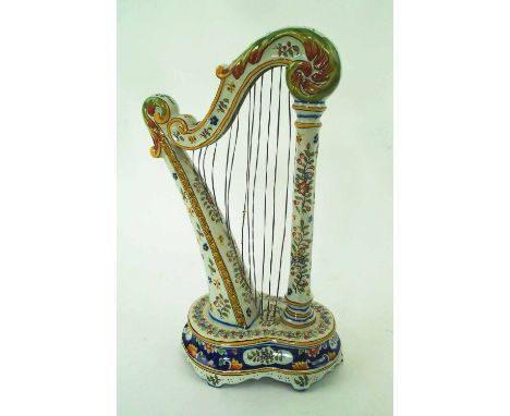 FAIENCE MODEL OF A HARP, decorated in colours, 28cm H.