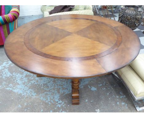 JUPE STYLE DINING TABLE, round darkwood top with four side leaves on X-frame stretchered baluster legged base, 140cm diam x 7