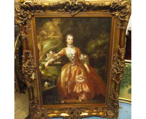 20TH CENTURY SCHOOL AFTER 18TH CENTURY PORTRAIT, of a lady standing by a plinth, oil on canvas, 100cm x 75cm, in heavy, carve
