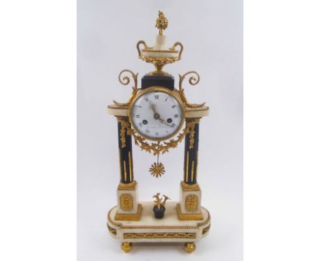 LOUIS XVI PORTICO CLOCK, black and white marble, ormolu mounts, eight day bell striking movement, with white enamel dial insc