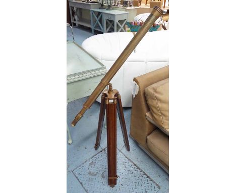 TELESCOPE, brass with mahogany tripod base, 160cm H. 
