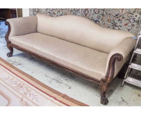 HUMP BACK SOFA, Victorian goncalo alves in taupe fabric with carved paw feet and castors, 227cm x 89cm H x 92cm. (with faults