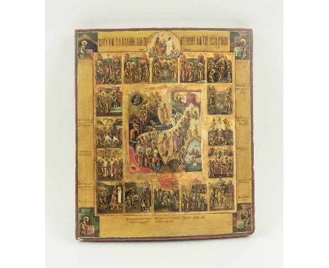 19TH CENTURY RUSSIAN ICON, depicting the ascent into Heaven and descent into Hell, painted on wooden panel, 36cm H x 31cm W.