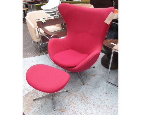 FRITZ HANSEN EGG CHAIR AND STOOL, by Arne Jacobsen in fucsia fabric, 85cm W. (2)