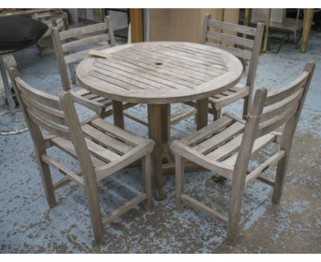 GARDEN TABLE AND CHAIRS, weathered teak and slatted circular table together with four matching side chairs by Barlow Tyrie, t