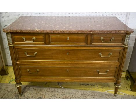 COMMODE, Directoire style mahogany and brass mounted with marble top above three long drawers, 128cm W x 60cm D x 88cm H. 