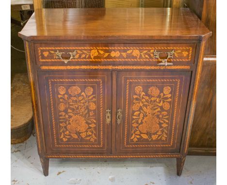 DUTCH SIDE CABINET, early 19th century mahogany and satinwood, floral and foliate marquetry with frieze drawer and panel door