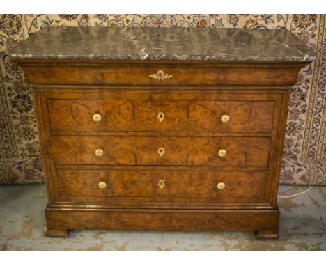 COMMODE, 19th century French Louis Philippe figured walnut with five long drawers and St Anne's variegated grey marble top, 1