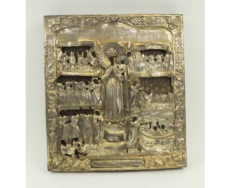 19TH CENTURY RUSSIAN ICON, with hallmarked silver oklad, depicting Mother of God and petitioners, painted on wooden panel, 32