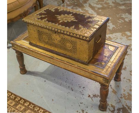 ZANZIBAR TRUNK, 19th century teak and brass clad with hinged top, fitted interior and side handles 59cm W x 37cm D x 25cm H, 
