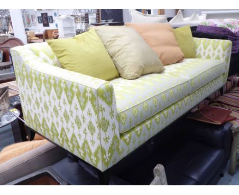 SOFA, with patterned green fabric upholstery made by Bespoke Sofa with dark stained plinth, 195cm L x 83cm x 78cm H.