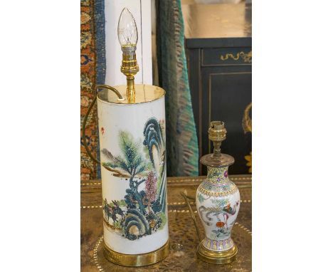 LAMPS, a pair, vase shaped ceramic white and Chinoiserie decorated with gilt metal bases together with a similar taller colum