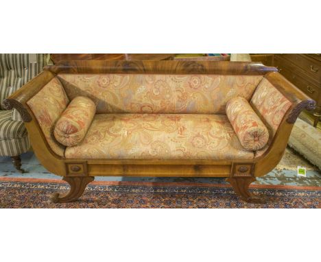 SOFA, Biedermeier style mahogany in patterned fabric with bolster cushions, 186cm W x 67cm D.