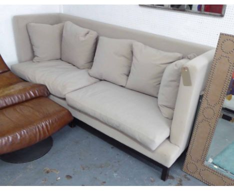 SOFA, two seater, in neutral fabric on square supports, with five back cushions, 233cm L. (with faults)