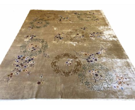 CANTONESE SILK CARPET, 357cm x 271cm, field of peonies and oriental medallions.