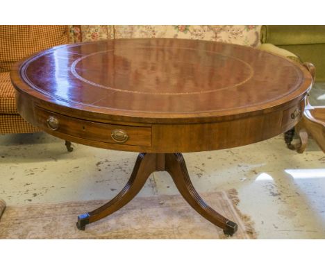 DRUM TABLE, Regency mahogany with circular burgandy leather top above four drawers on turned pedestal and tripod supports 136