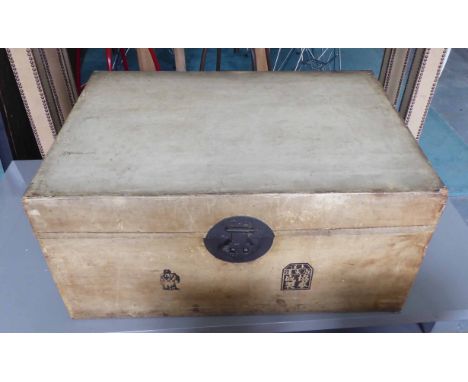 VINTAGE CHINESE VELLUM TRUNK, 20th Century, clad in vellum with calligraphy stamps and, metal clasp and handles, 75cm x 53cm 