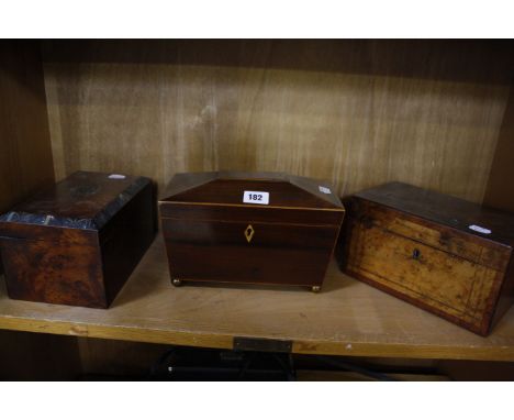 Three tea caddies, one mahogany sarcophagus shaped caddy -3