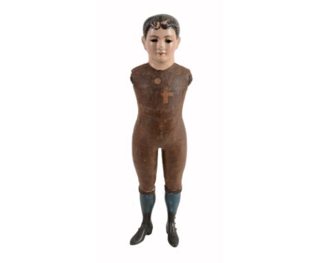 A 19th century French tailor's dummy of child's proportions, circa 1880, the papier mache body with carved and painted wood l