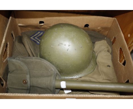 [Militaria] - A WW2 U.S. M1 Steel Helmet, complete with liner (distressed); together with a Second World War service shirt, I