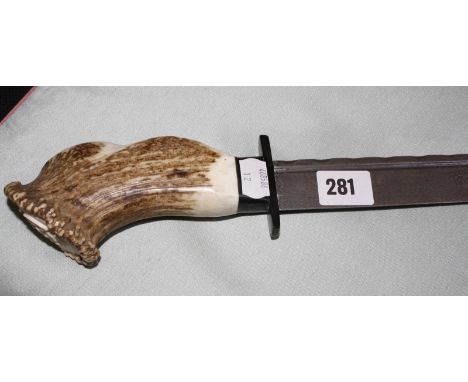 A Victorian Scottish hunting hanger or knife, with 31cm long watered steel blade and antler handle, 46cm in length The proper