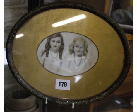 Watercolour (unattributable) of two females, portrait, head and shoulders, on porcelain plaque, later framed, 15cm x 12cm