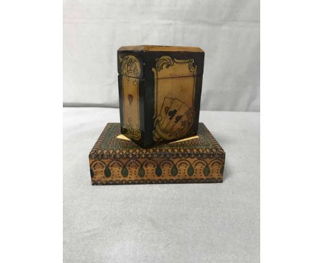 LEATHER CIGAR BOXalong with two wooden playing card boxes, with cards