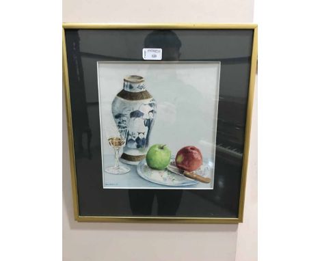 SUSAN BARTONSTILL LIFE WITH CERAMIC AND FRUITwatercolour on paper, signedmounted, framed and under glass