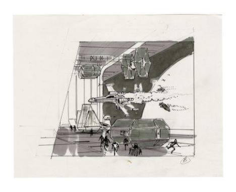 STAR WARS TOYS - Hand-Drawn Ralph McQuarrie Galoob "The Death Star" Action Fleet Set Packaging Concept Sketch - A concept ske