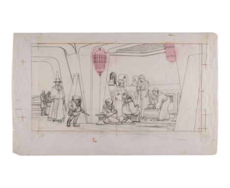 THE ILLUSTRATED STAR WARS UNIVERSE (1995) - Hand-Drawn Ralph McQuarrie "Tatooine - Jabba's Castle - Monk's Tea Room" Illustra