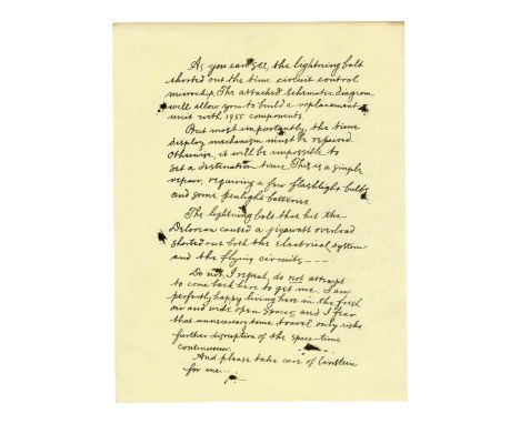 BACK TO THE FUTURE PART III (1990) - Page from Doc Brown's (Christopher Lloyd) 1885 DeLorean Repair Letter to Marty (Michael 