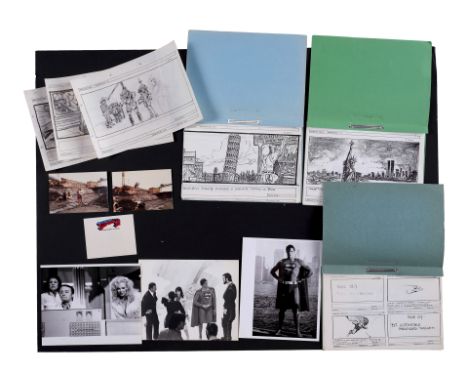 SUPERMAN III (1983) - Set of Three Hand-Drawn Storyboards, Printed Storyboards, and Behind-the-Scenes Photos - Three hand-dra