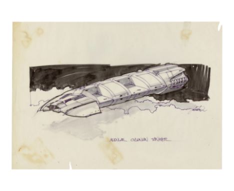 BATTLESTAR GALACTICA (1978-1979) - Hand-Drawn Joe Johnston Modular Cylonian Tanker Concept Sketch - A concept sketch of a mod
