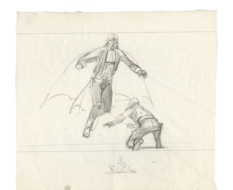 STAR WARS: THE EMPIRE STRIKES BACK (1980) - Hand-Drawn Ralph McQuarrie Luke Skywalker and Darth Vader Concept Sketch - A conc
