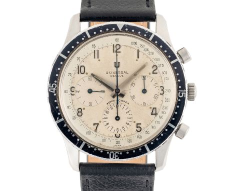 A RARE GENTLEMAN'S LARGE SIZE STAINLESS STEEL UNIVERSAL GENEVE AERO COMPAX CHRONOGRAPH WRIST WATCHCIRCA 1960s, REF. 22703/3 M