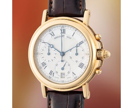 A RARE GENTLEMAN'S SIZE 18K SOLID GOLD BREGUET MARINE AUTOMATIC CHRONOGRAPH WRIST WATCH CIRCA 1990s, REF. 3460 WITH MOTHER OF