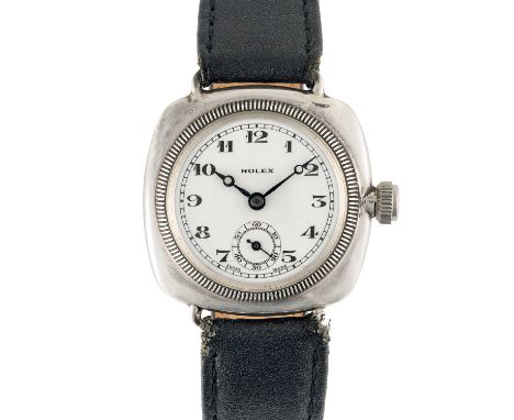 A GENTLEMAN'S SIZE SOLID SILVER ROLEX OYSTER CUSHION WRIST WATCH CIRCA 1930, WITH WHITE ENAMEL DIAL & BREGUET HANDSMovement: 