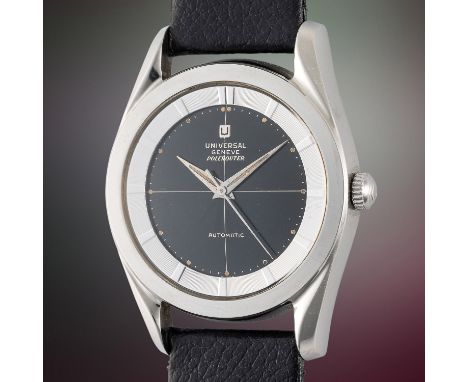 A GENTLEMAN'S SIZE STAINLESS STEEL UNIVERSAL GENEVE POLEROUTER WRIST WATCHCIRCA 1950s, REF. S 20217 4, WITH GLOSS BLACK GILT 