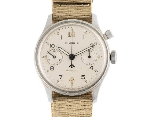 A RARE GENTLEMAN'S STAINLESS STEEL SOUTH AFRICAN AIR FORCE LEMANIA PILOTS SINGLE BUTTON CHRONOGRAPH WRIST WATCH CIRCA 1960 SA