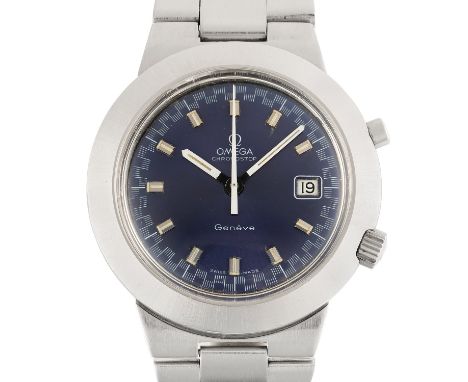A GENTLEMAN'S SIZE STAINLESS STEEL OMEGA CHRONOSTOP "JUMBO" BRACELET WATCH CIRCA 1970, REF. 146.012 WITH BLUE-PURPLE RACING D