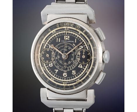 A RARE GENTLEMAN'S SIZE STAINLESS STEEL UNION SPECIAL CHRONOGRAPH WRIST WATCHCIRCA 1940s, WITH GLOSS BLACK GILT DIALMovement:
