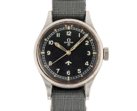 A GENTLEMAN'S STAINLESS STEEL BRITISH MILITARY OMEGA RAF PILOTS WRIST WATCH DATED 1953, REF. 2777-1 SC  Movement: 17J, manual