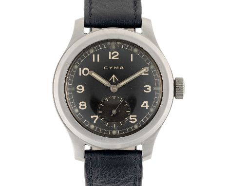 A GENTLEMAN'S STAINLESS STEEL BRITISH MILITARY CYMA W.W.W. WRIST WATCH CIRCA 1945, PART OF THE "DIRTY DOZEN"Movement: 15J, ma