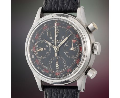 A RARE GENTLEMAN'S STAINLESS STEEL JARDUR "WATERPROOF" CHRONOGRAPH WRIST WATCH CIRCA 1940sMovement: 17J, manual wind, Valjoux