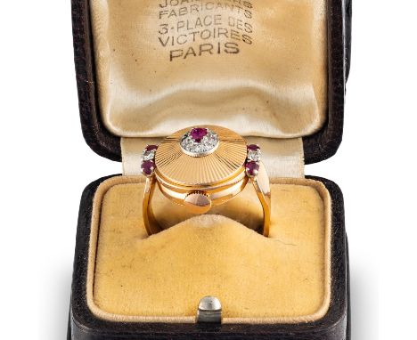 A FINE & RARE 18K SOLID ROSE GOLD, RUBY & DIAMOND PIAGET RING WATCHCIRCA 1970s, WITH RETAILER'S BOXMovement: 17J, manual wind