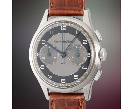 A RARE GENTLEMAN'S SIZE STAINLESS STEEL EXCELSIOR PARK CHRONOGRAPH WRIST WATCH CIRCA 1950s WITH GREY & BLACK "HOOKED 7" DIALM