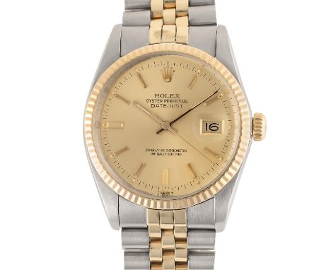 A GENTLEMAN'S SIZE STEEL & GOLD ROLEX OYSTER PERPETUAL DATEJUST BRACELET WATCHCIRCA 1982, REF. 16013 WITH CHAMPAGNE DIALMovem