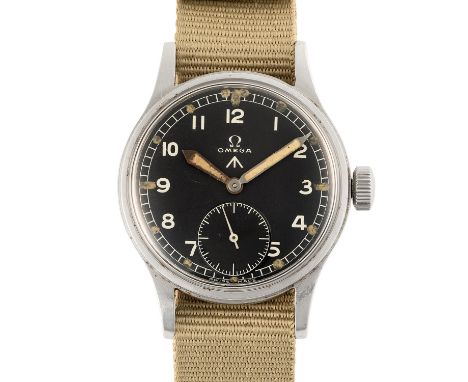 A GENTLEMAN'S STAINLESS STEEL BRITISH MILITARY OMEGA W.W.W. WRIST WATCH CIRCA 1945, PART OF THE "DIRTY DOZEN" Movement: 15J, 